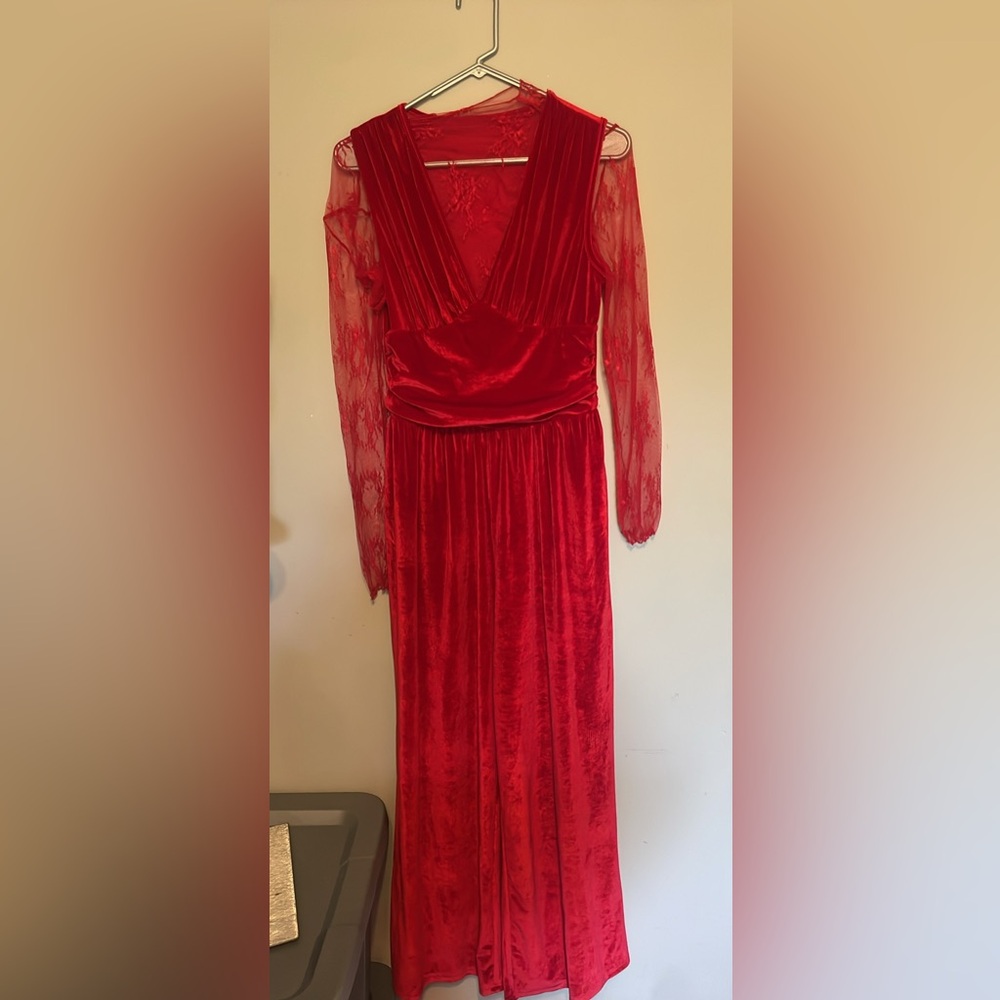 Elegant Red Lace Sleeve and velvet jumpsuit NWOT